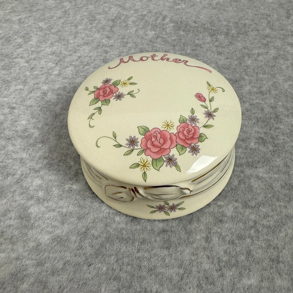 Vintage Porcelain Mother Trinket Box Japan Cream Pink Green with Gilded Gold Bow